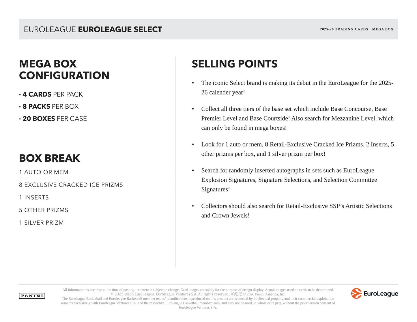 2025/26 Panini Select EuroLeague Basketball Mega Hobby