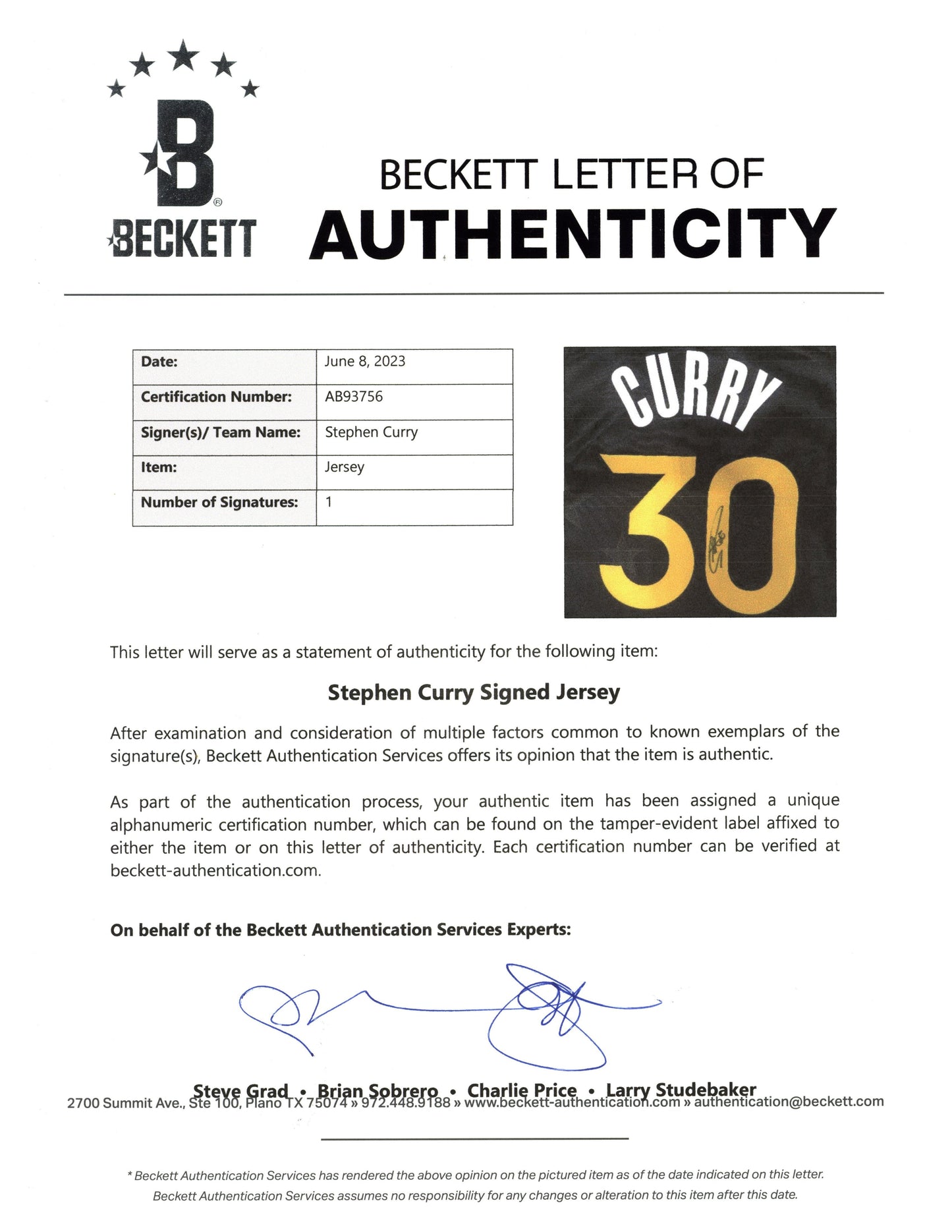 Steph Curry Autographed Golden State Warriors Jersey