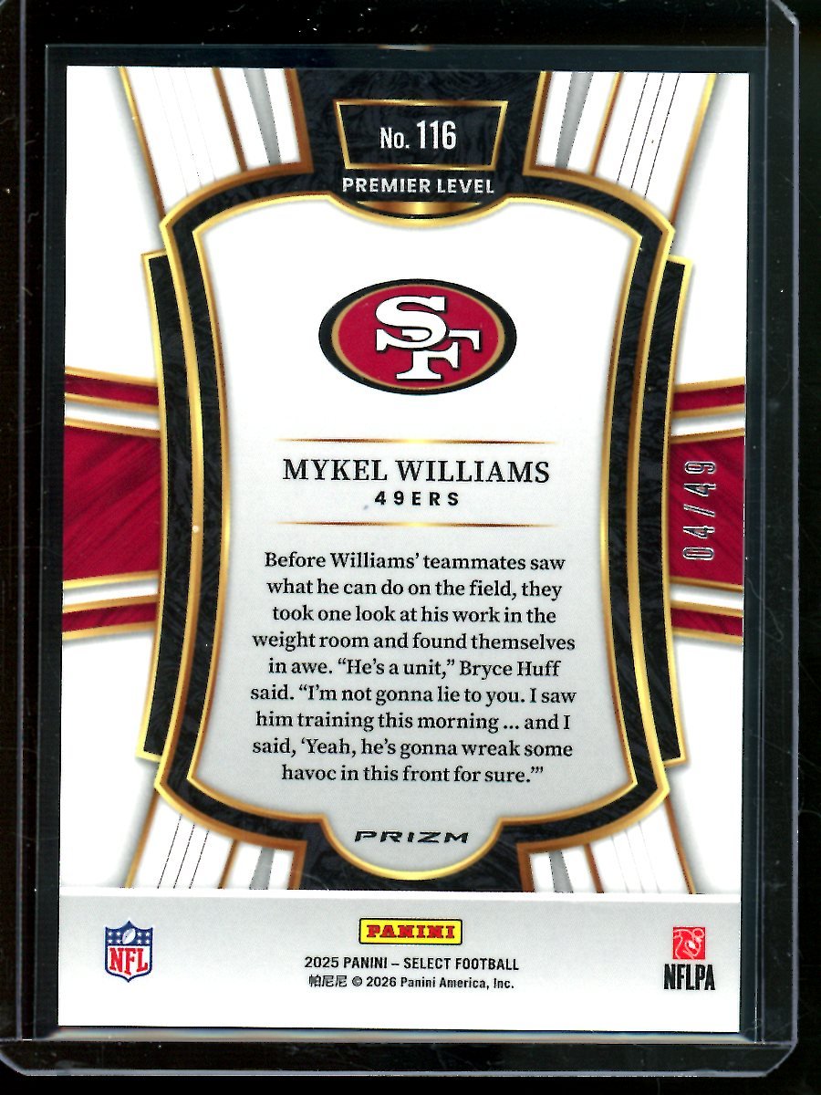 2025 Panini Select Mykel Williams Rookie Green /49 49ers
