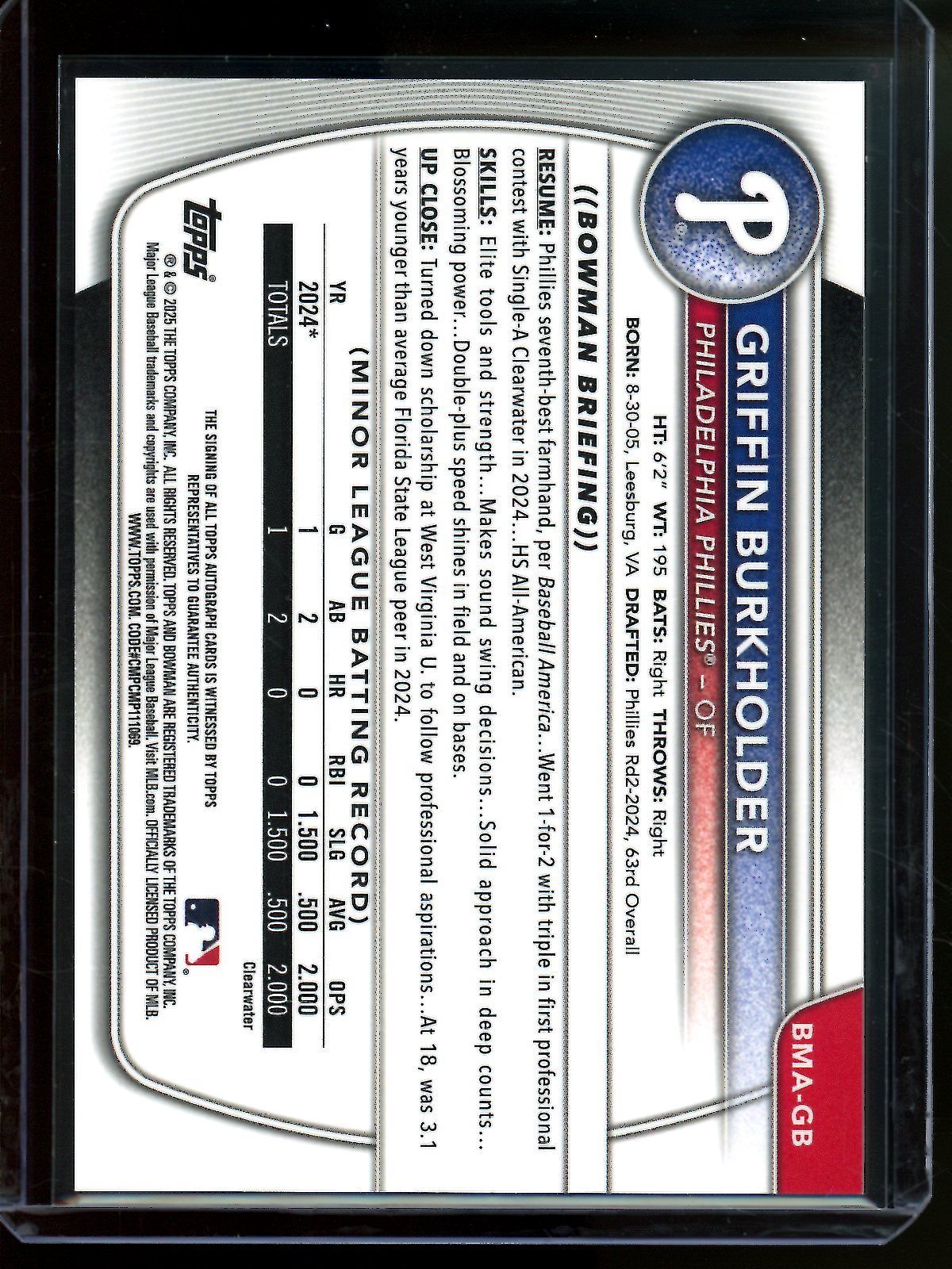 2025 Bowman Chrome Griffin Burkholder Blue Mojo Autograph /150 Phillies