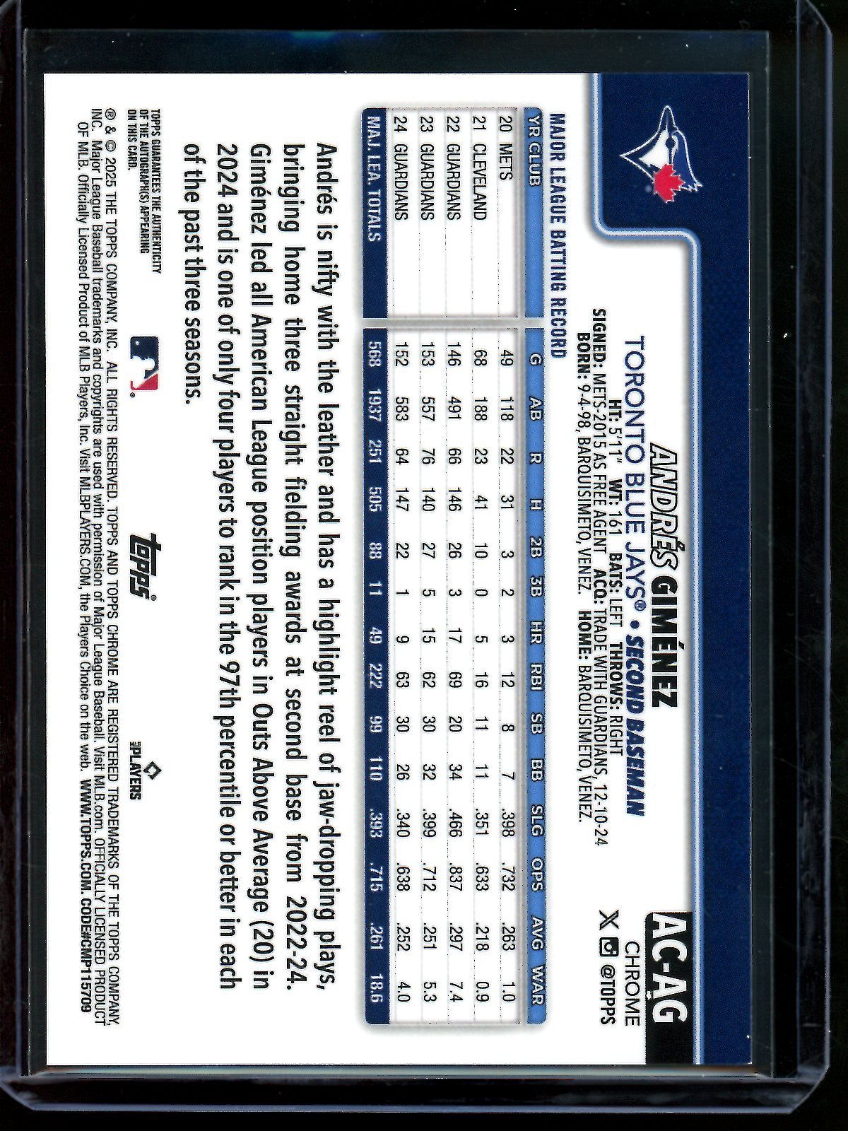 2025 Topps Chrome Andres Gimenez Gold Wave Autograph /50 Blue Jays
