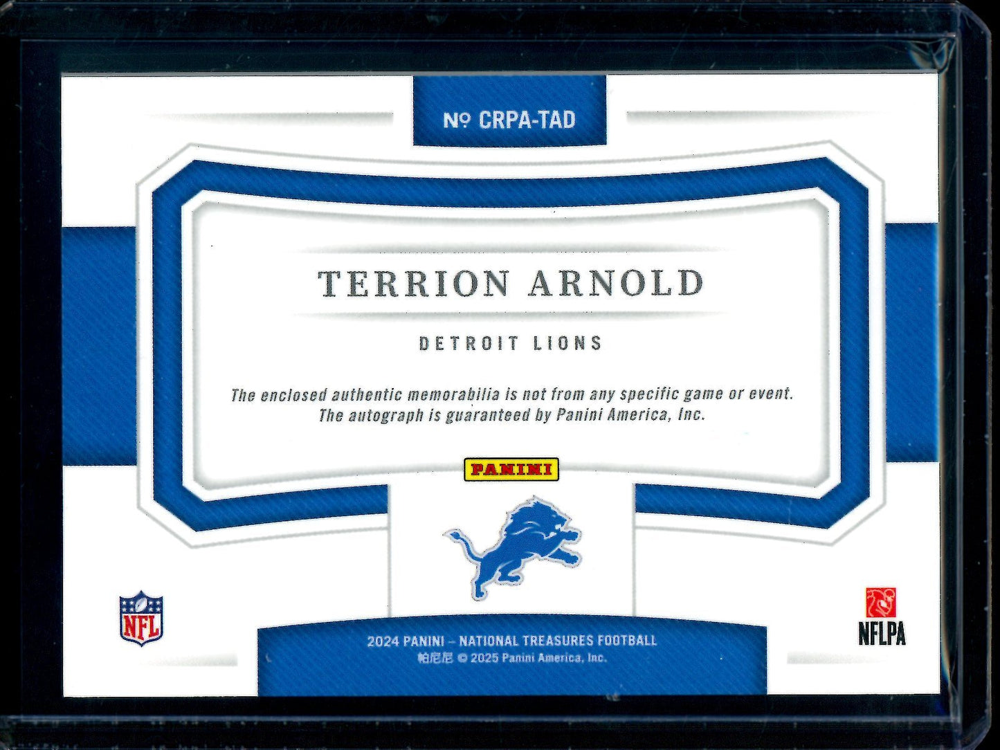 2024 Panini National Treasures Terrion Arnold Crossover Rookie Patch Autographs /99 Lions