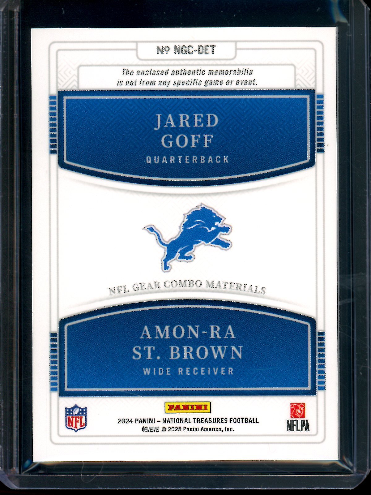 2024 Panini National Treasures Jared Goff / Amon-Ra St. Brown NFL Gear Combo Lions