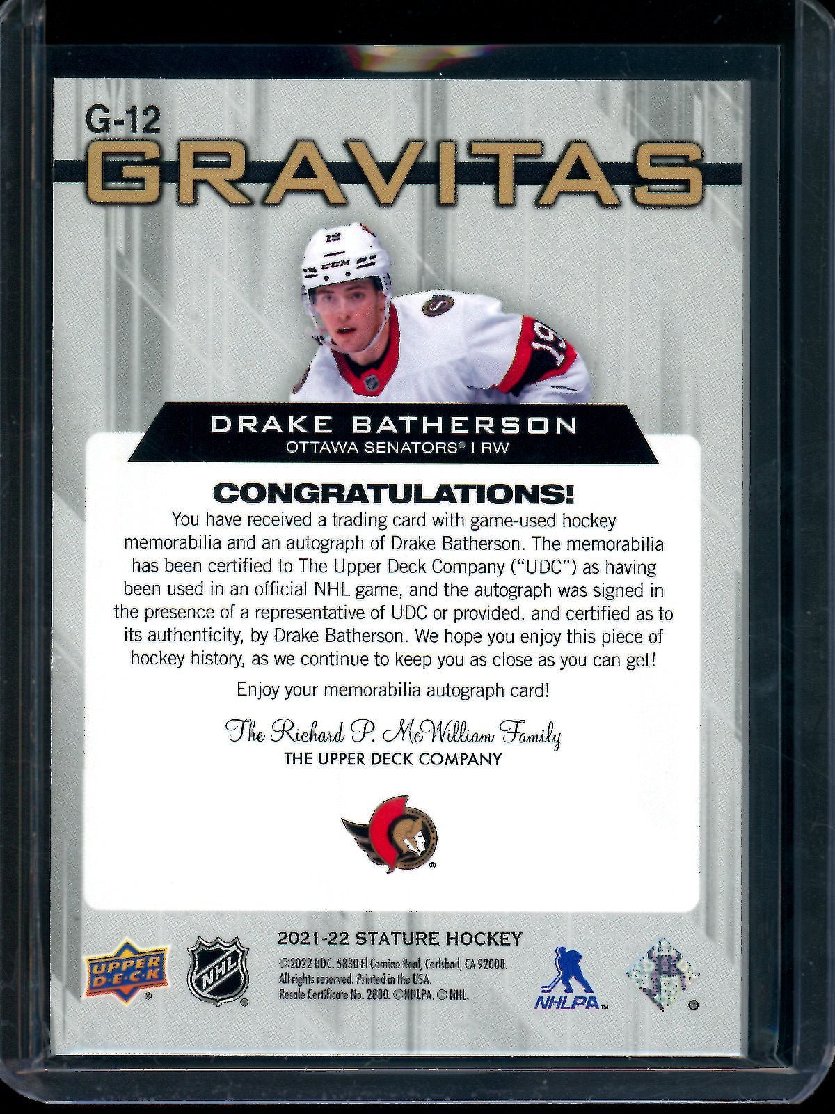 2022 Upper Deck Stature Drake Batherson Gravitas Patch Autograph /7 Senators