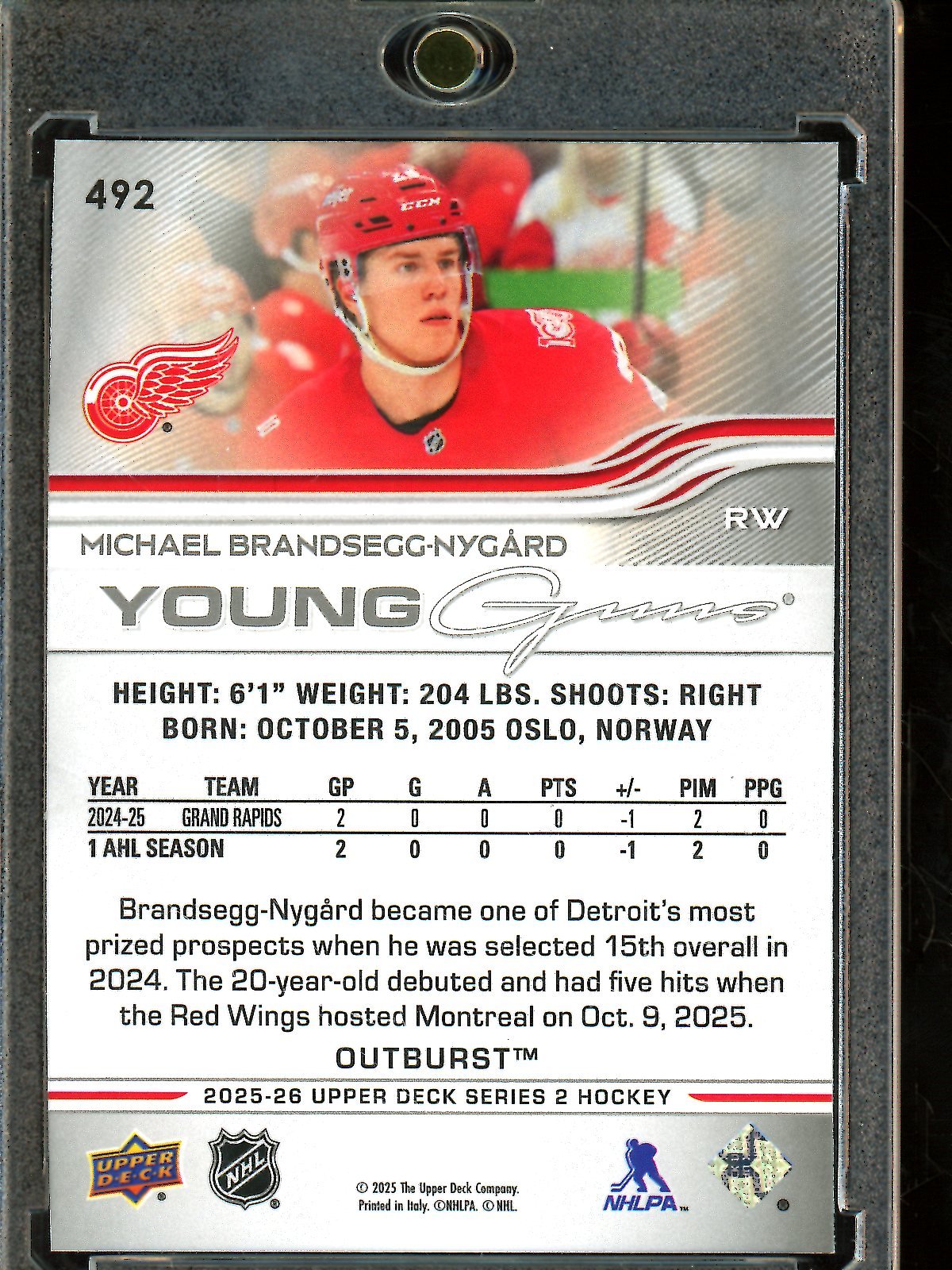 2025 Upper Deck Series 2 Michael Brandseggnygard Young Gun Outburst Rookie Detroit Redwings