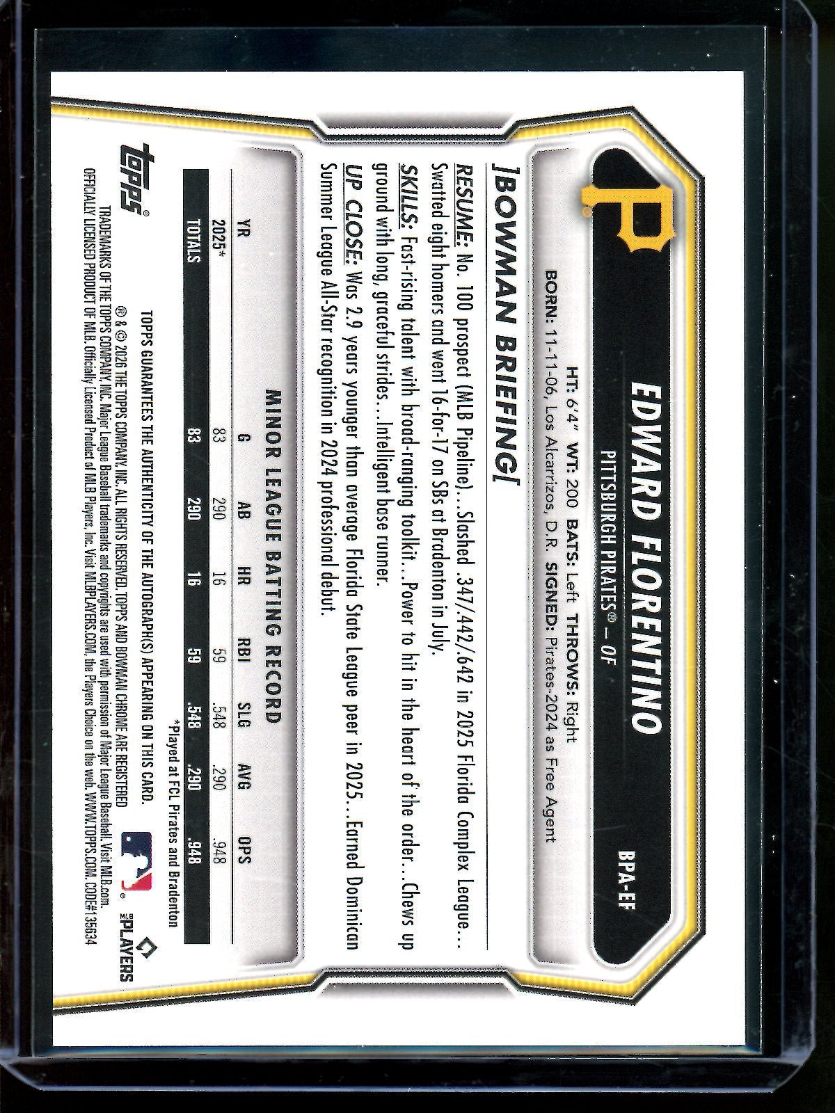 2026 Bowman Edward Florentino 1st Autograph Paper Pirates