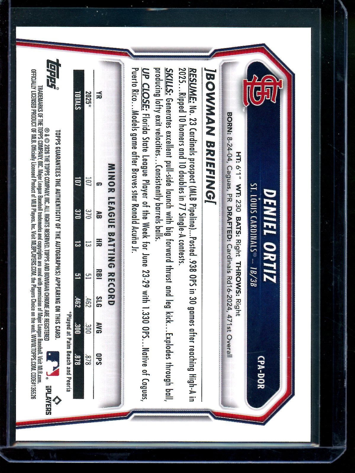2026 Bowman Chrome Deniel Ortiz 1st Autograph Cardinals