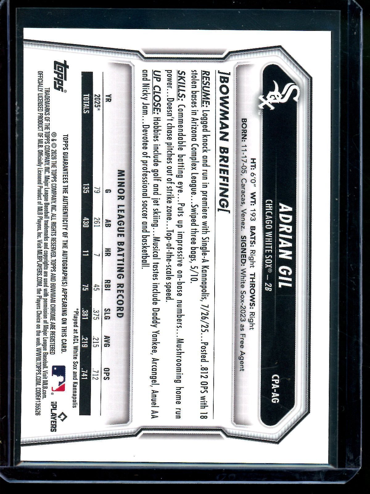 2026 Bowman Chrome Adrian Gil 1st Gold Lava Autograph /50 White Sox