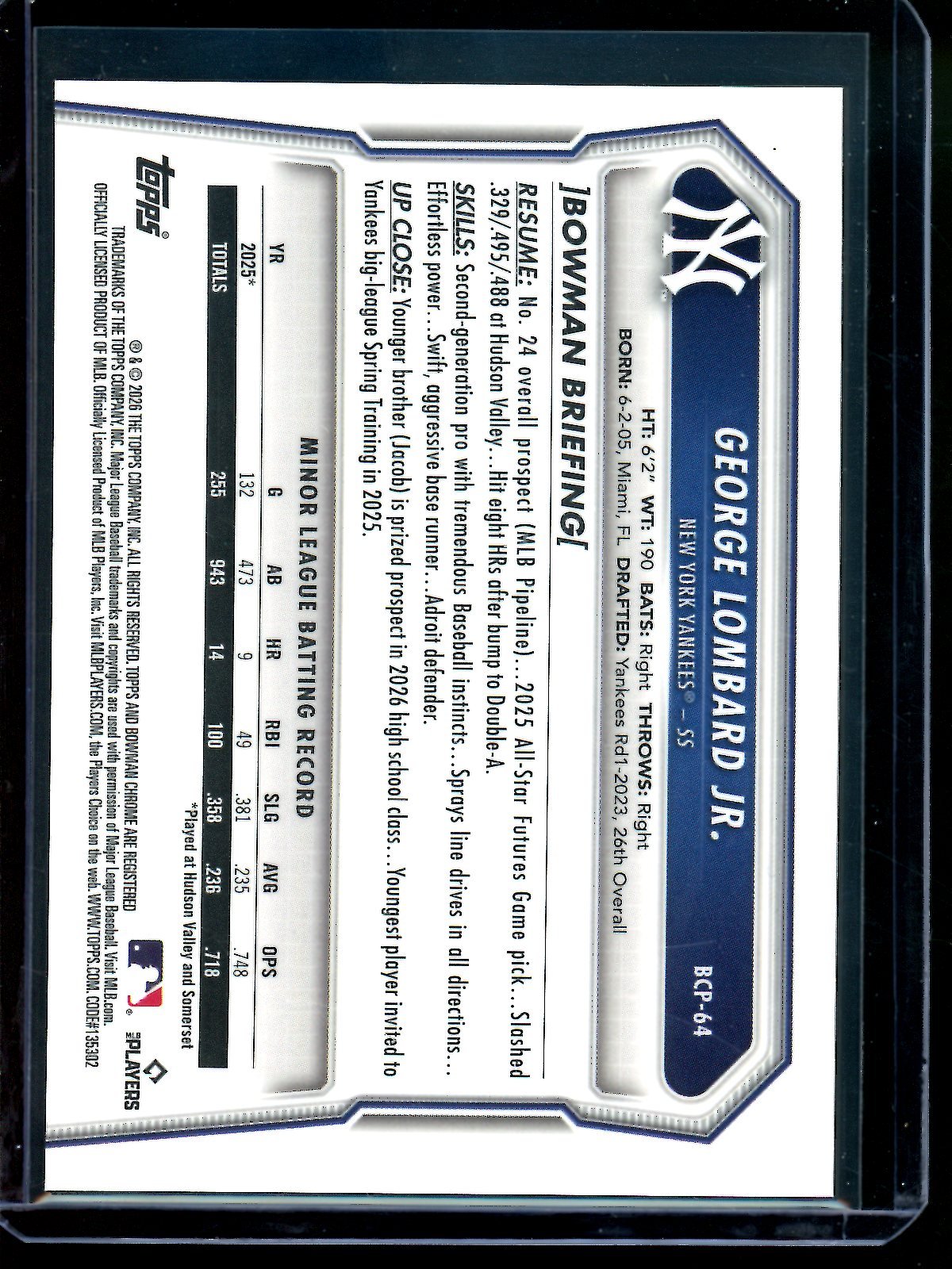 2026 Bowman Chrome George Lombard Jr Gold Geometric Refractor /50 Yankees