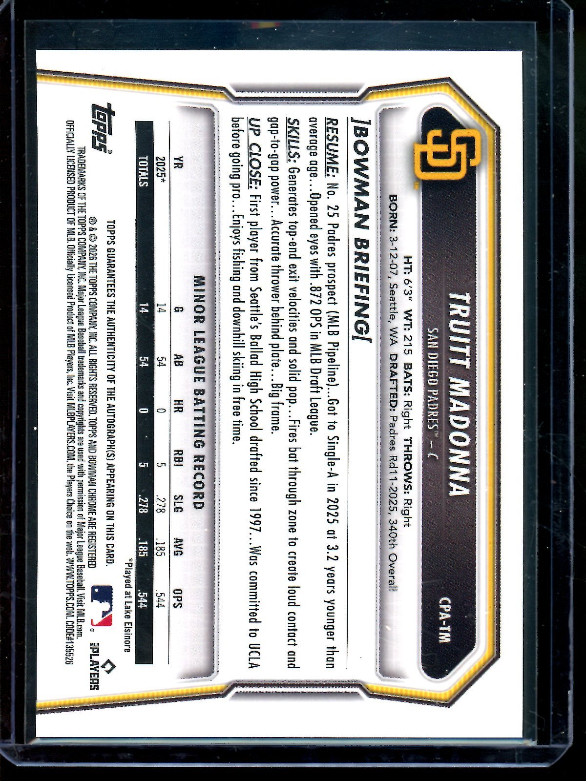 2026 Bowman Chrome Truitt Madonna 1st Purple Autograph /250 Padres