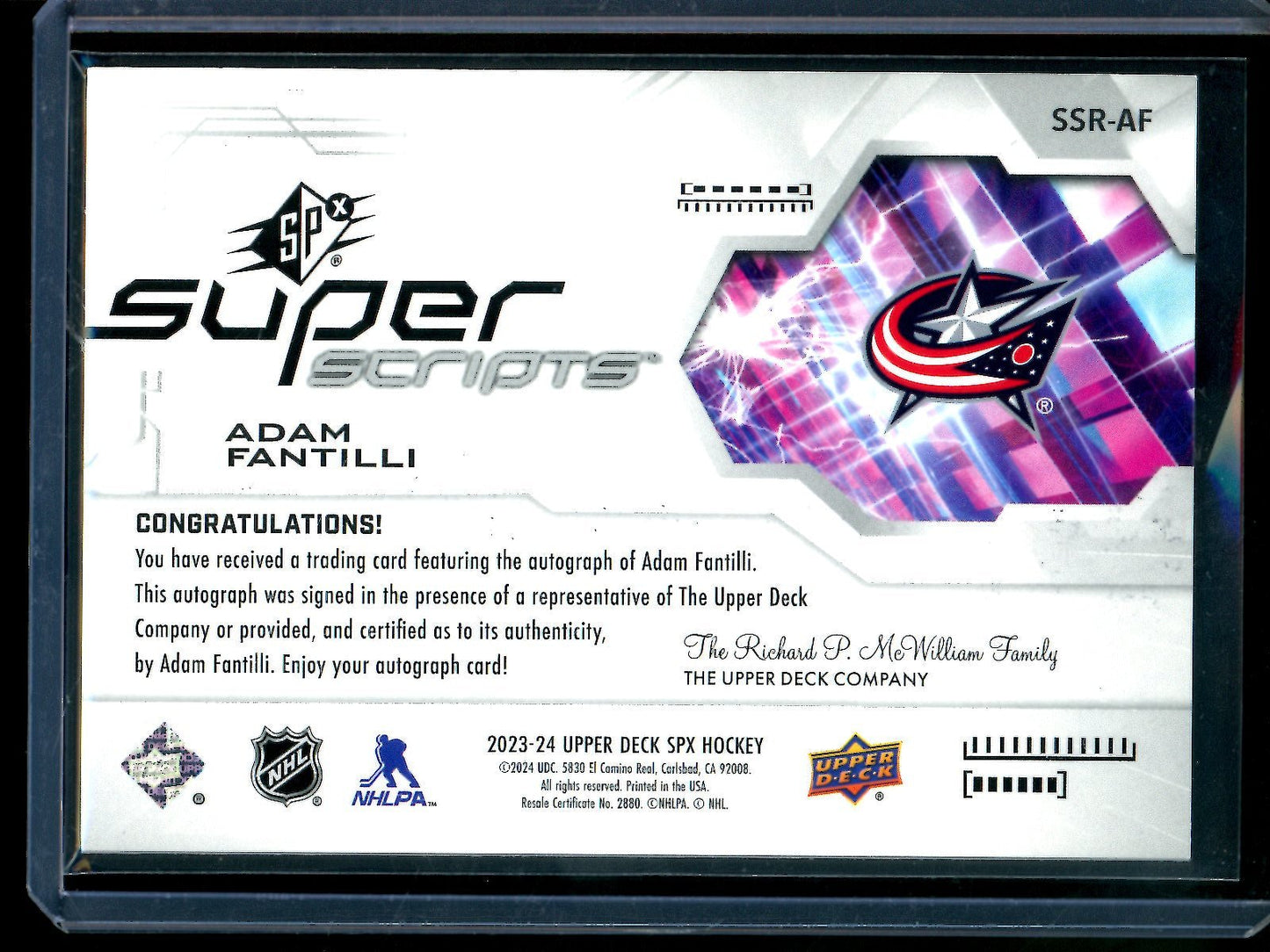 2023 Upper Deck SPX Adam Fantilli Rookie Super Scripts Autograph Blue Jackets