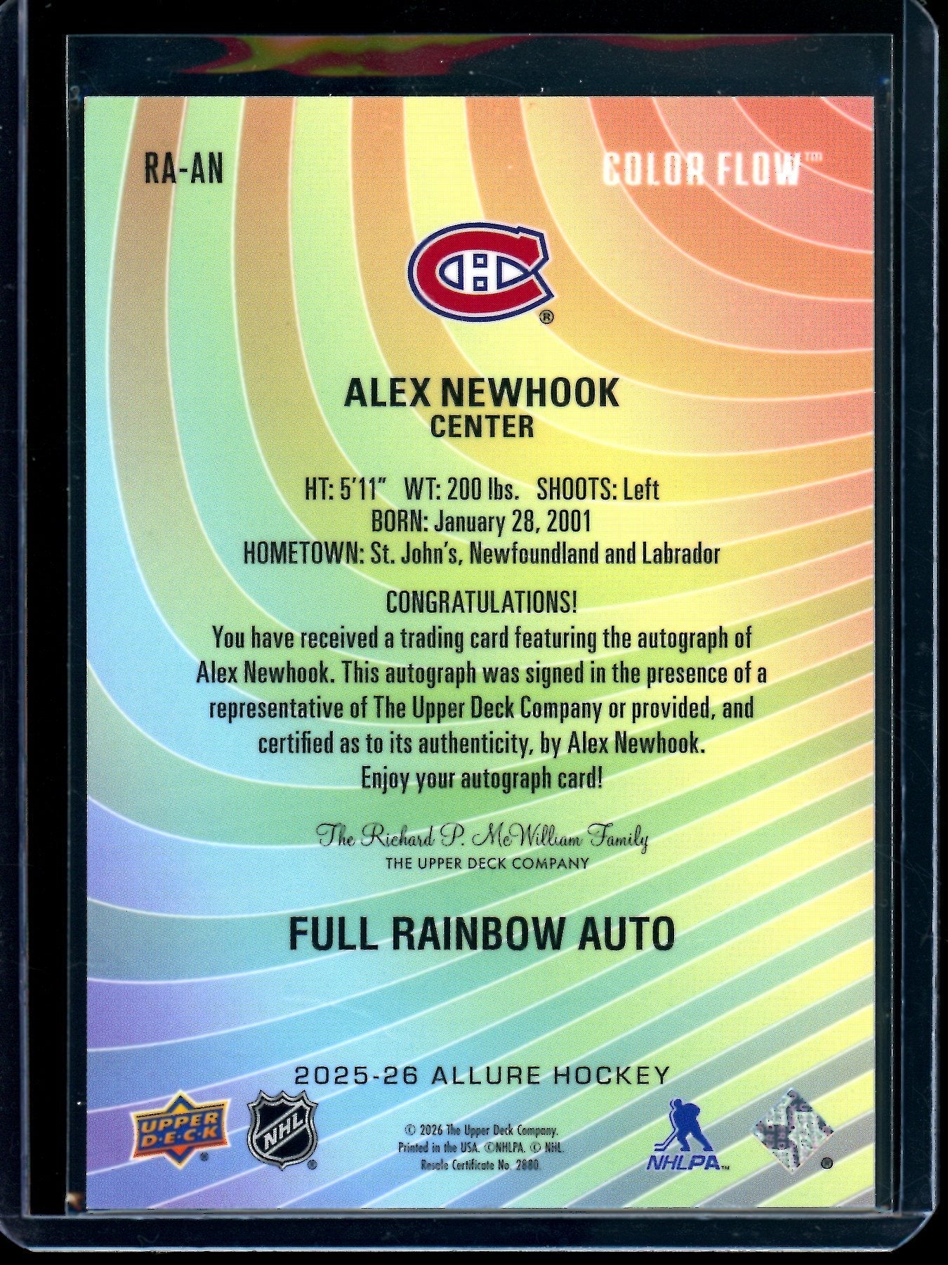 2026 Upper Deck Allure Alex Newhook Full Rainbow Autograph #RA-AN Canadiens