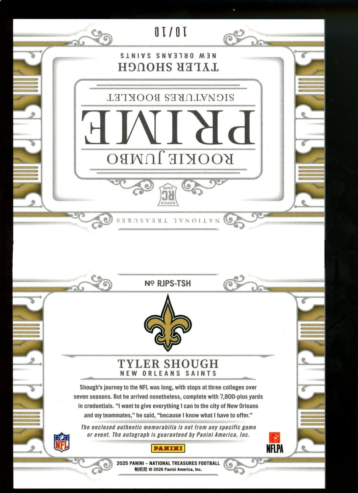 2025 Panini National Treasures Tyler Shough Rookie Jumbo Prime Signatures Booklet /10 Saints