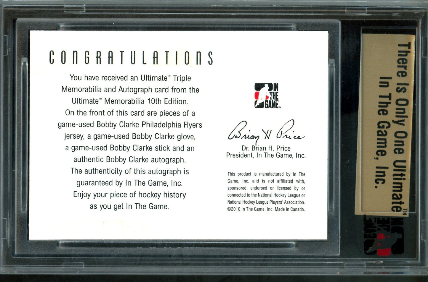 2010 In The Game Ultimate Bobby Clarke Triple Memorabilia Autograph /9 Flyers