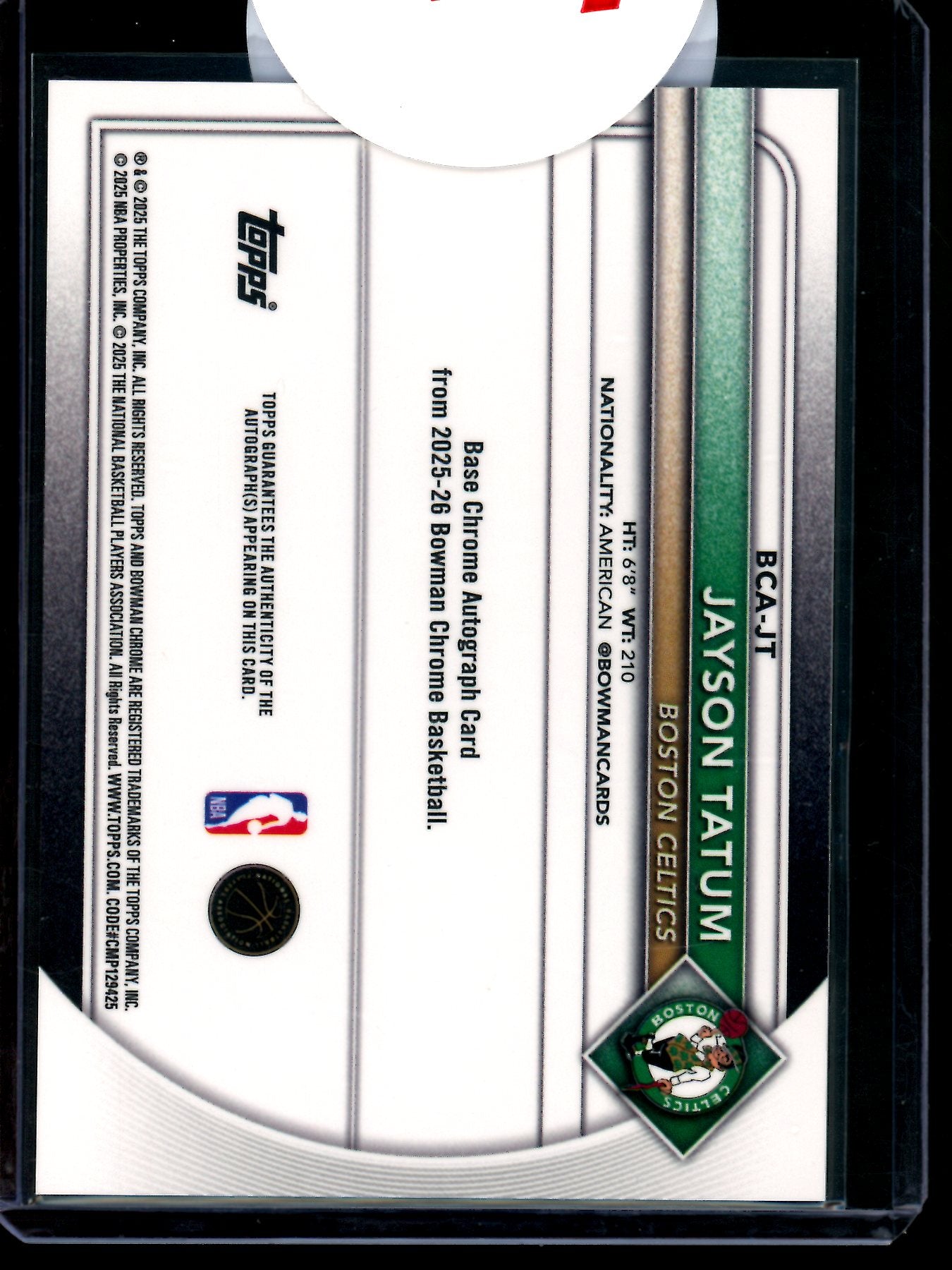 2025 Bowman Chrome Jayson Tatum Green Refractor Autograph /99 Sealed Celtics