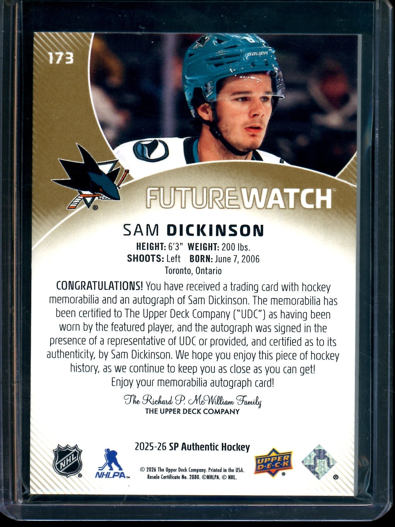 2026 Upper Deck SP Authentic Sam Dickinson Future Watch Patch Autograph /100 Sharks