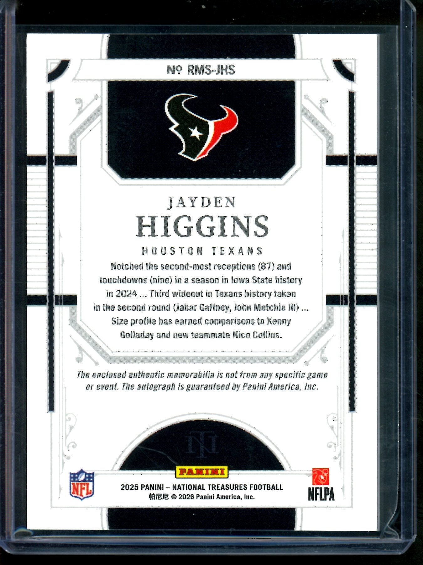 2025 Panini National Treasures Jayden Higgins Rookie Triple Patch Autograph /25 Texans