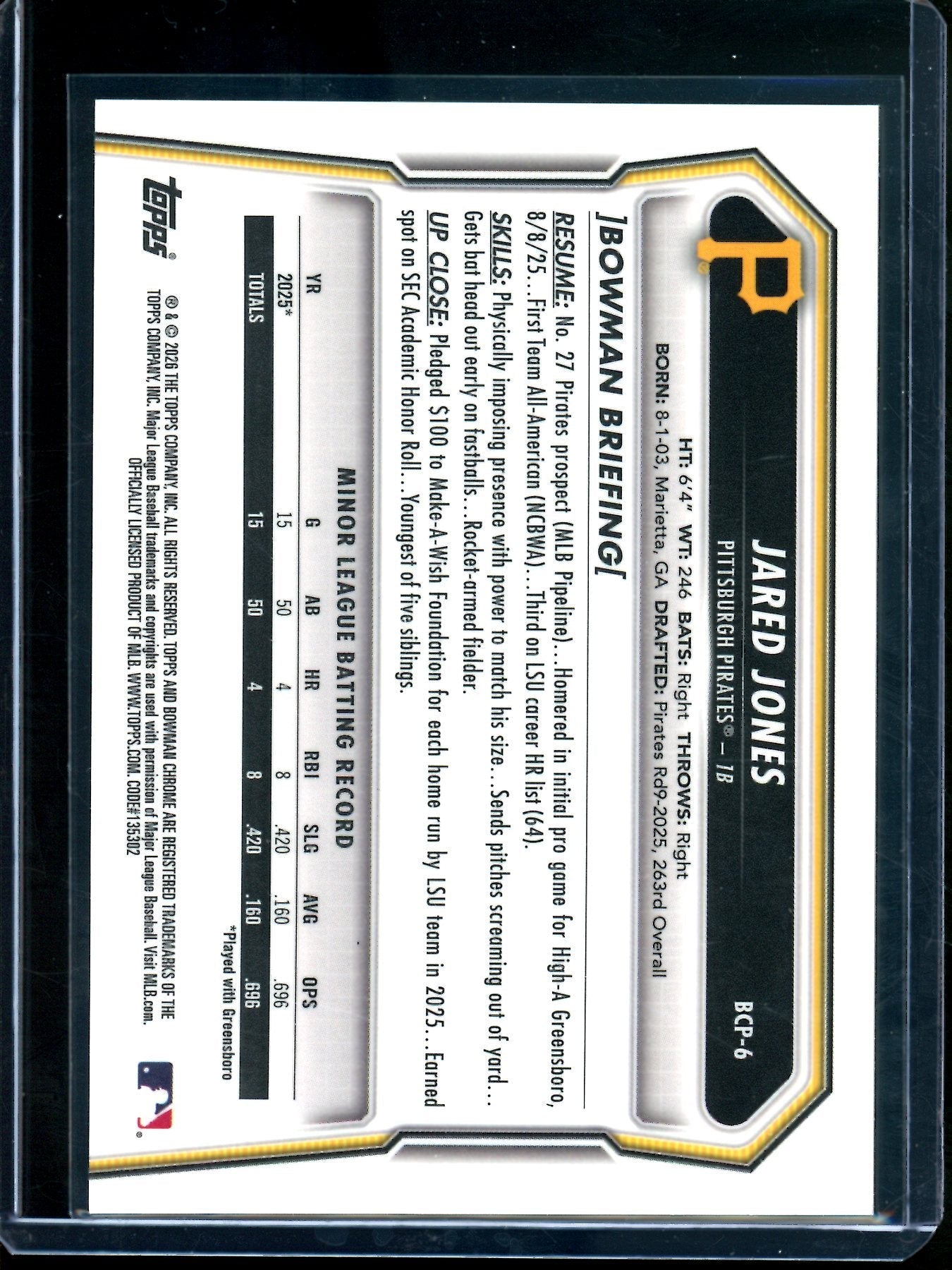 2026 Bowman Chrome Jared Jones Gold Shimmer 1st /50 Pirates