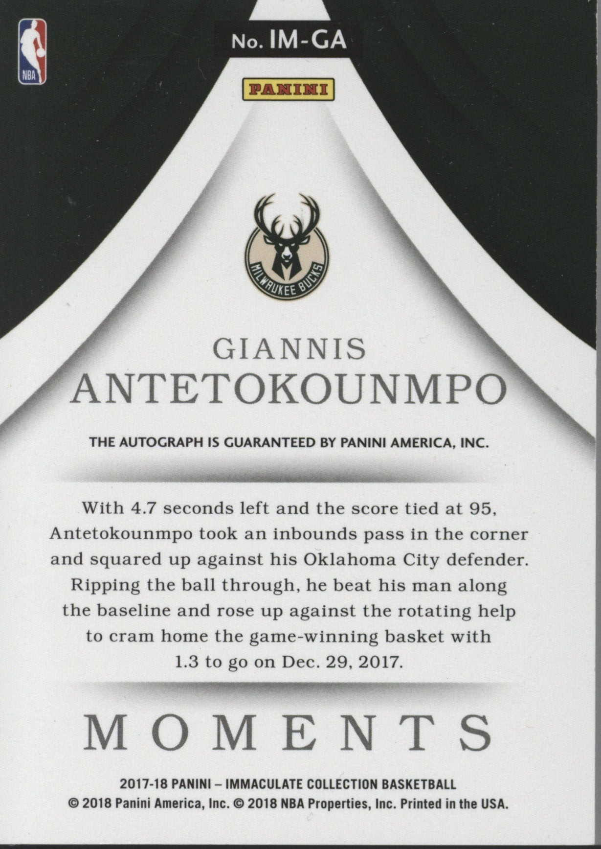 2017/18 Panini Immaculate Moments Giannis Antetokounmpo Auto Card #IM-GA 04/49