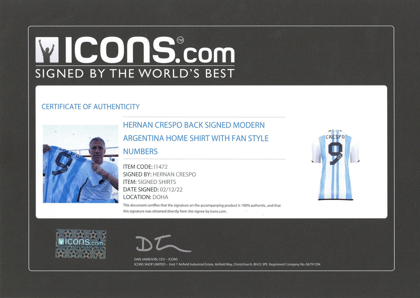 Hernan Crespo #9 Autographed Adidas Argentina National Team Soccer Jersey