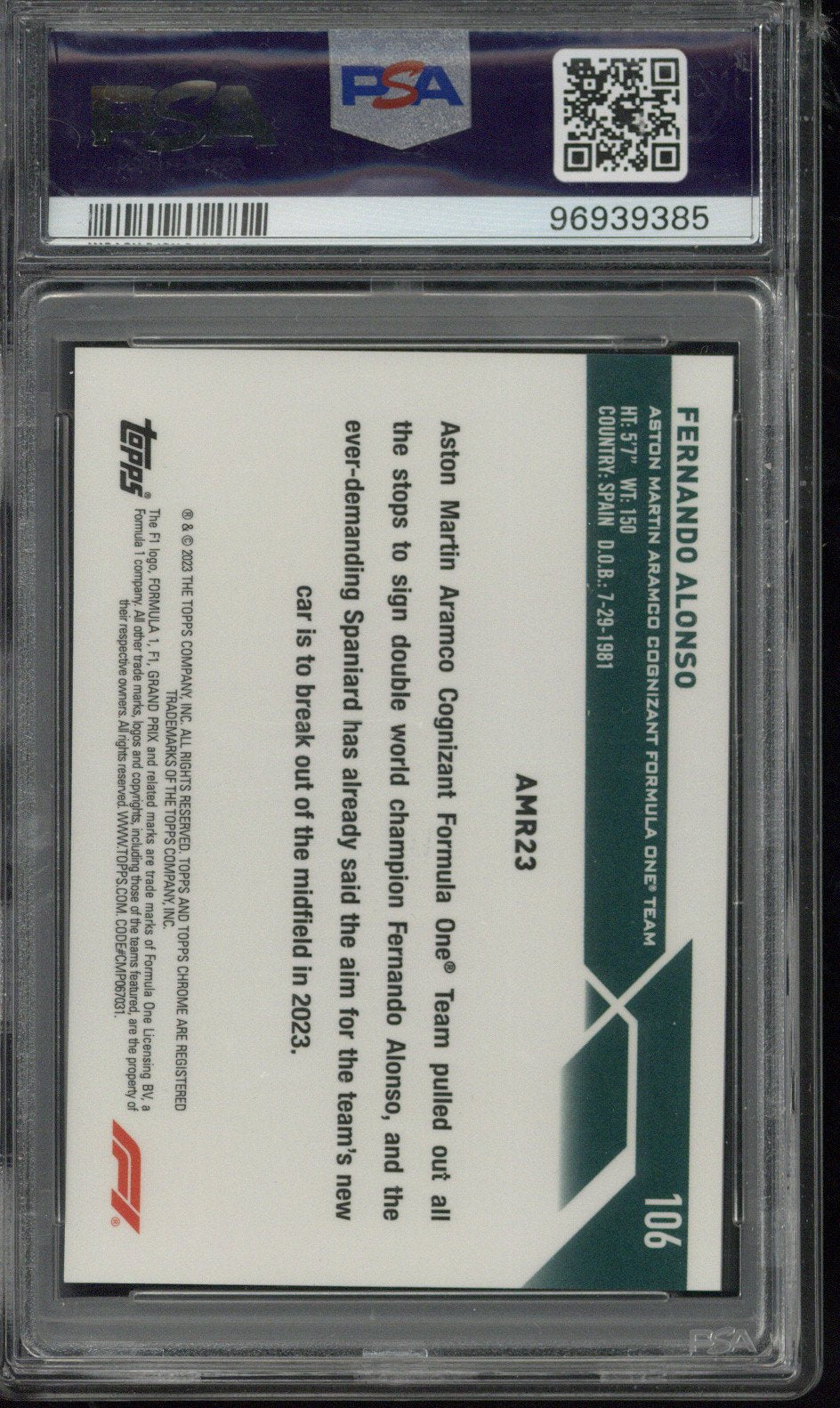 2023 Topps Sapphire Edition F1 Fernando Alonso /15 Black & White PSA 10