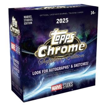 compare product 2025 Topps Marvel Studios Chrome Sapphire Edition Box