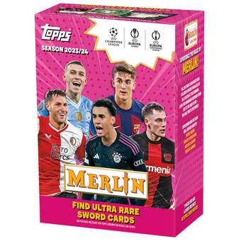 compare product 2023-24 Topps UEFA Club Competitions Merlin Chrome Soccer Blaster 40 Box Case