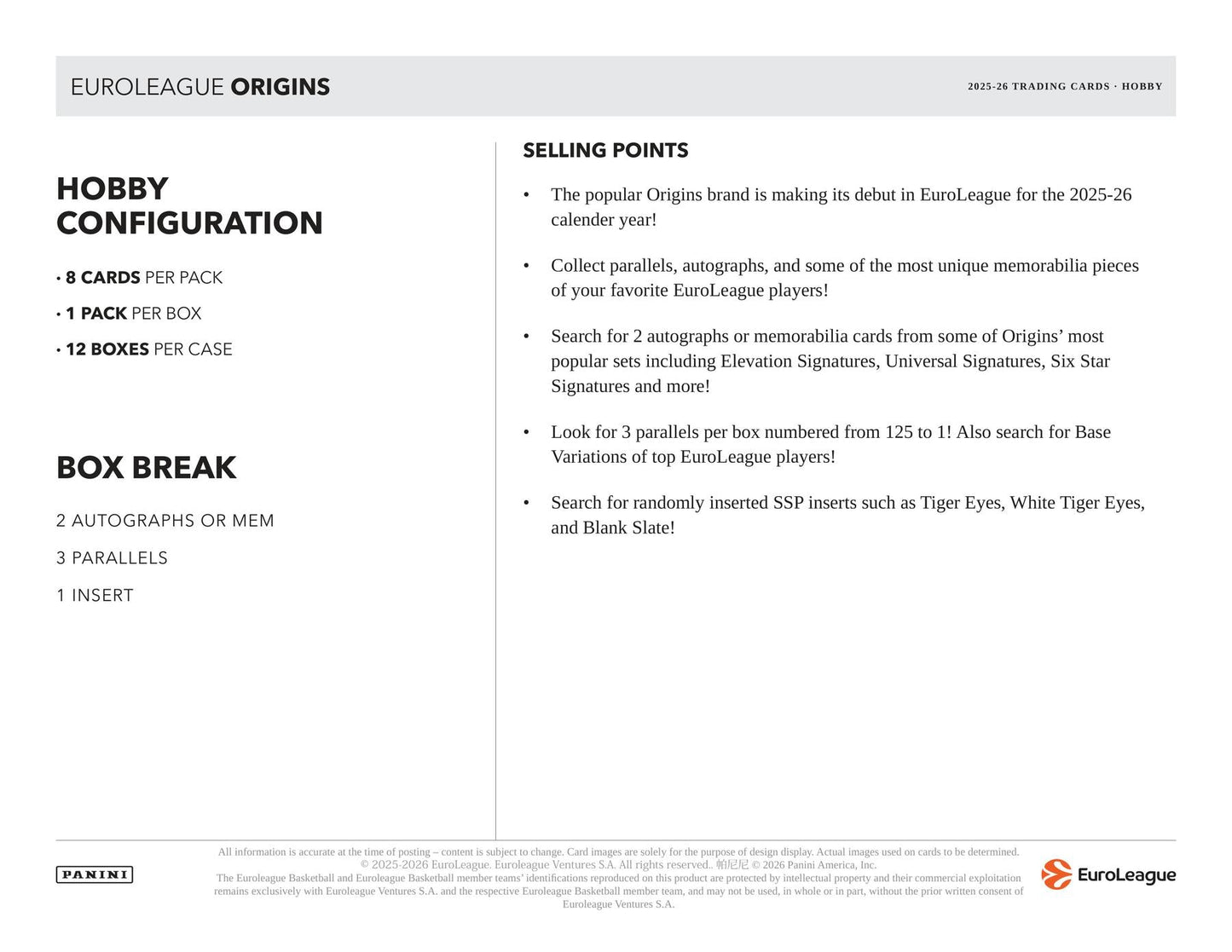 2025/26 Panini Origins EuroLeague Basketball Hobby