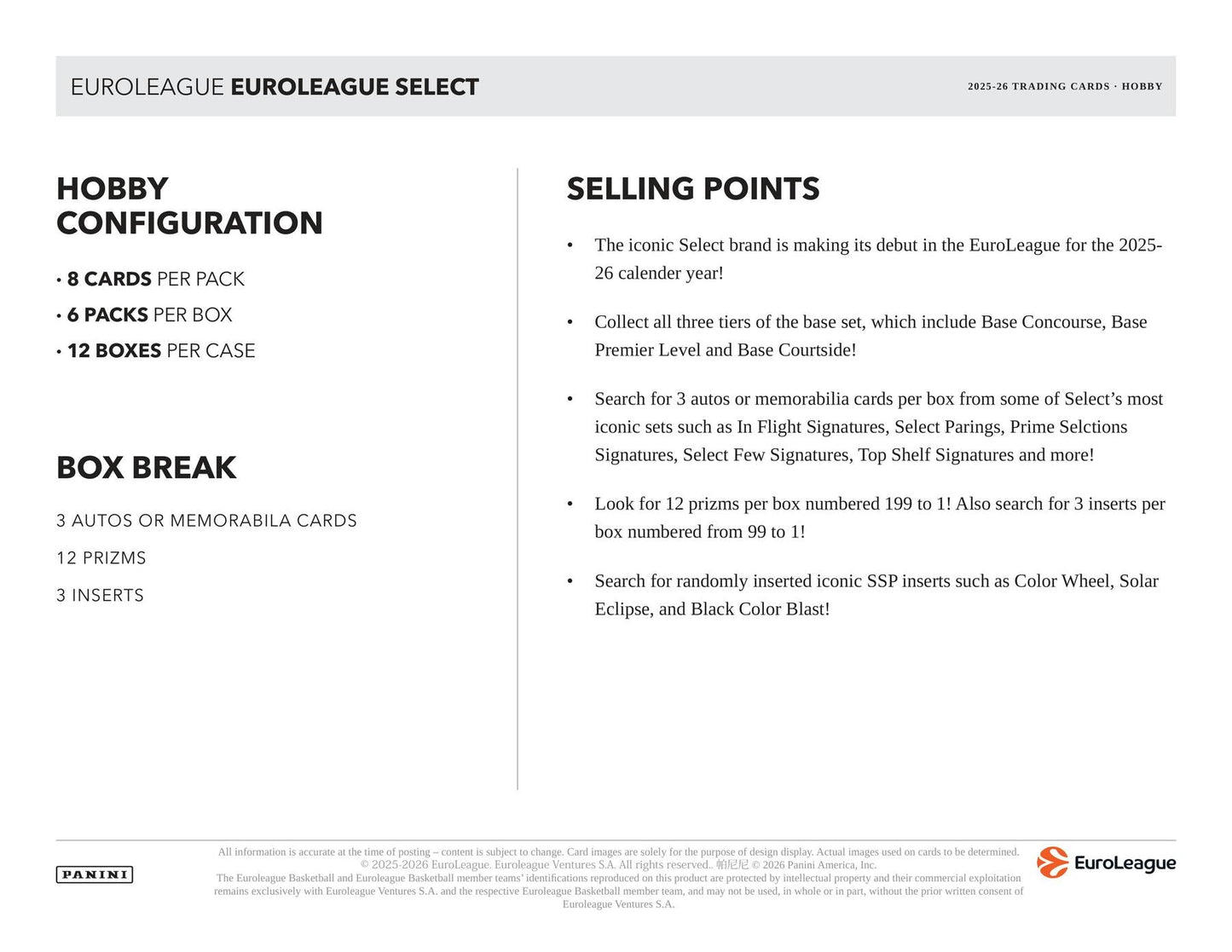 2025/26 Panini Select EuroLeague Basketball Hobby