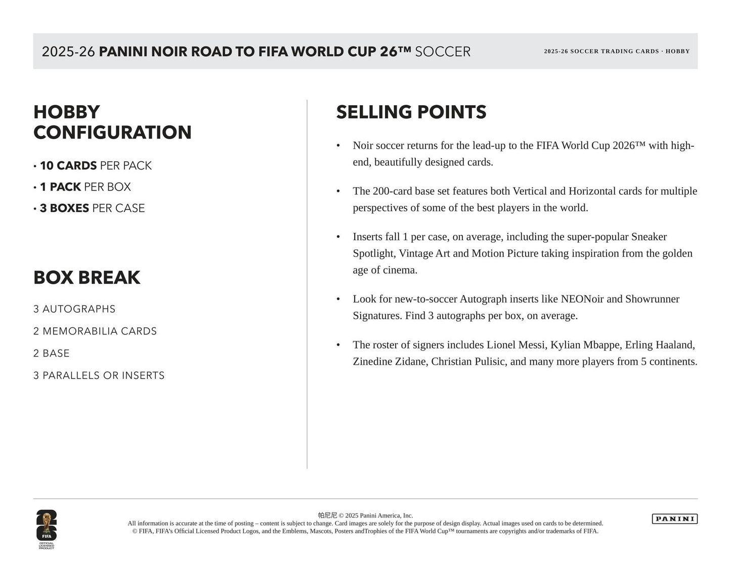 2025/26 Panini Noir Road to FIFA World Cup Soccer Hobby