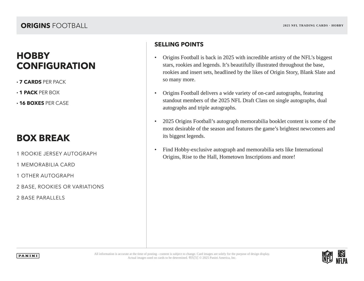2025 Panini Origins Football Hobby