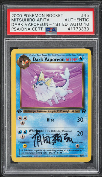 compare product 2000 POKEMON TEAM ROCKET 1ST EDITION DARK VAPOREON #45 ARITA AUTO 10 PSA AUTHENTIC
