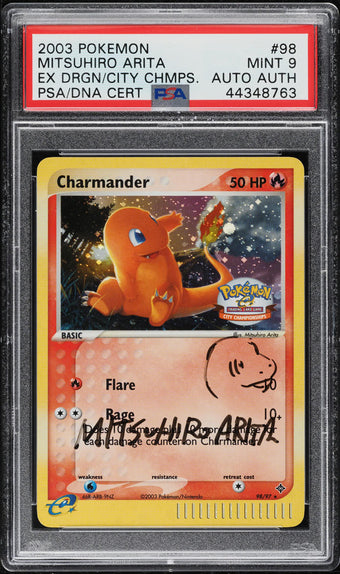 compare product 2003 POKEMON EX DRAGON CITY CHAMPIONSHIPS HOLO CHARMANDER AUTO #98 PSA 9 MINT