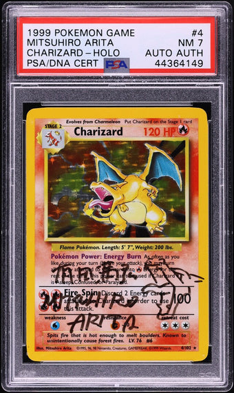compare product 1999 POKEMON BASE SET HOLO CHARIZARD #4 ARITA AUTO AUTH PSA 7