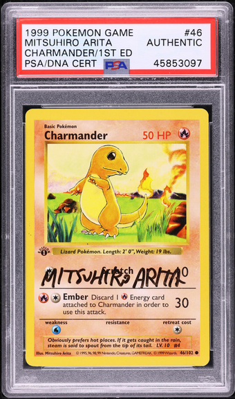 compare product 1999 POKEMON BASE SET SHADOWLESS 1ST EDITION CHARMANDER #46 ARITA AUTO PSA AUTH