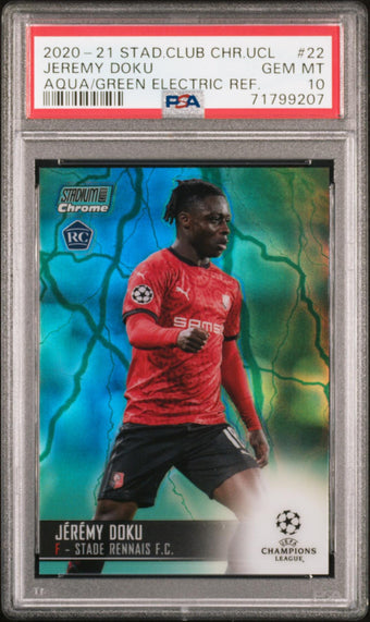 compare product 2020 STADIUM CLUB CHROME UEFA CHAMPIONS LEAGUE 22 JEREMY DOKU AQUA/GREEN ELECTRIC REFRACTOR PSA 10 71799207