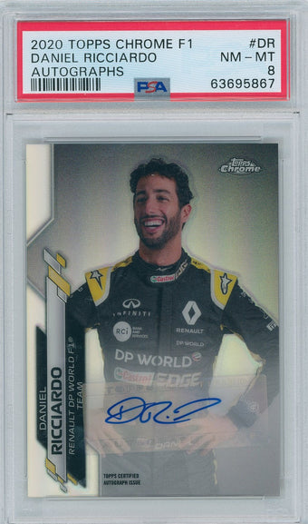 compare product 2020 Topps Formula 1 Chrome # FIA-DR Daniel Ricciardo 56/61 Auto PSA 8
