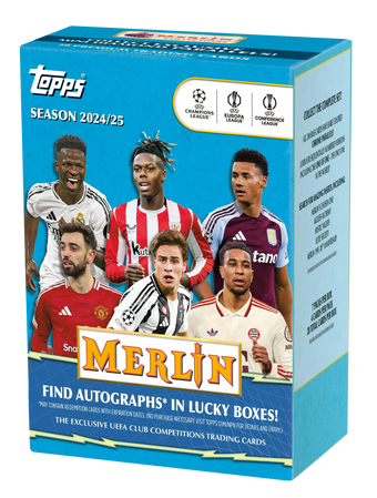 compare product 2024-25 Topps UEFA Club Competitions Merlin Chrome Soccer Blaster 40 Box Case