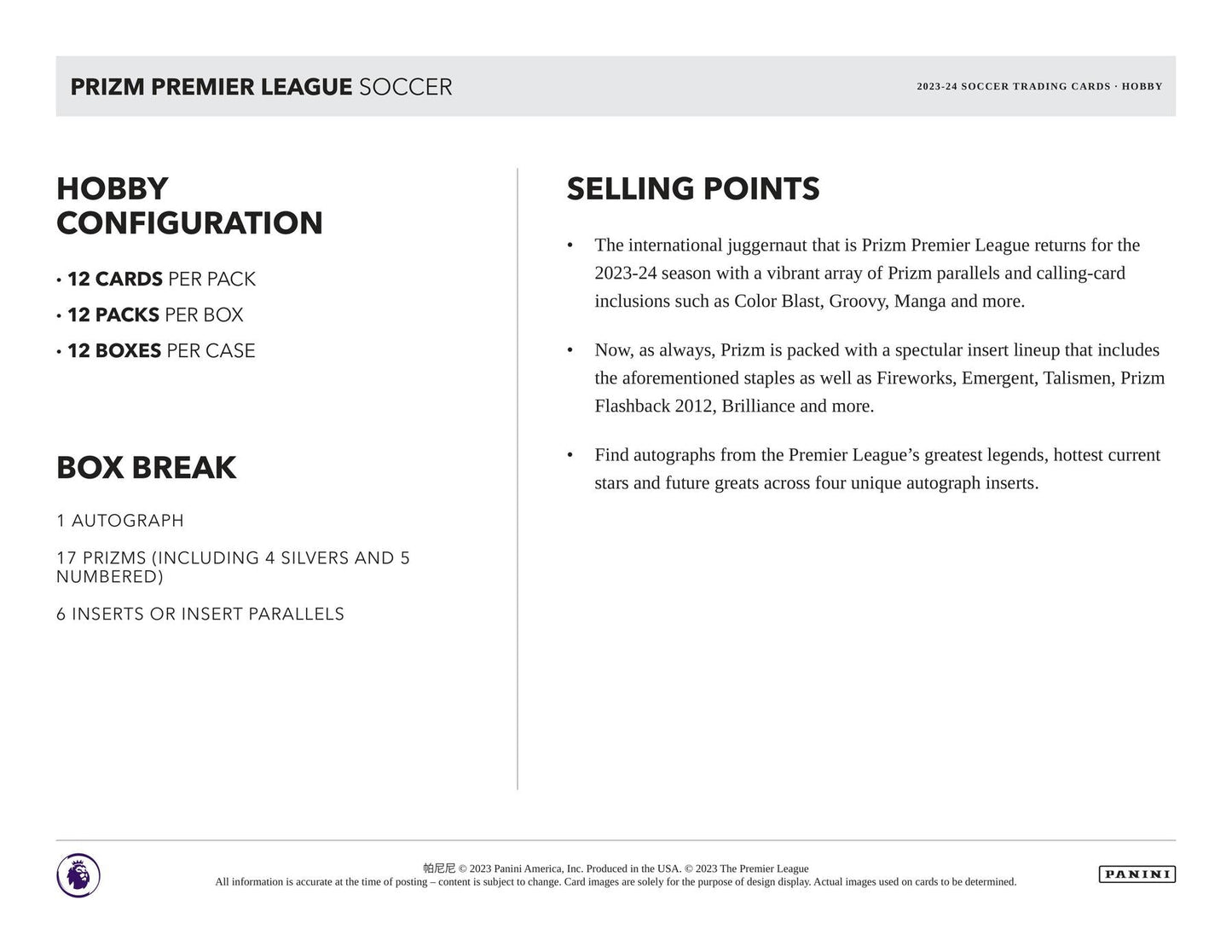 2023/24 Panini Prizm Premier League EPL Soccer Hobby Pack