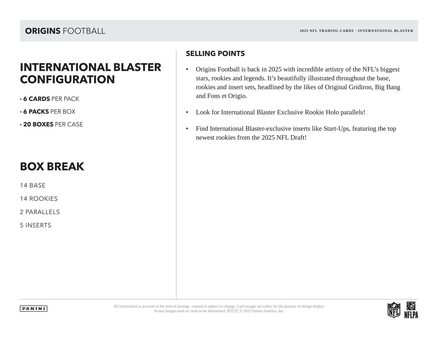 2025 Panini Origins Football International 6-Pack Blaster