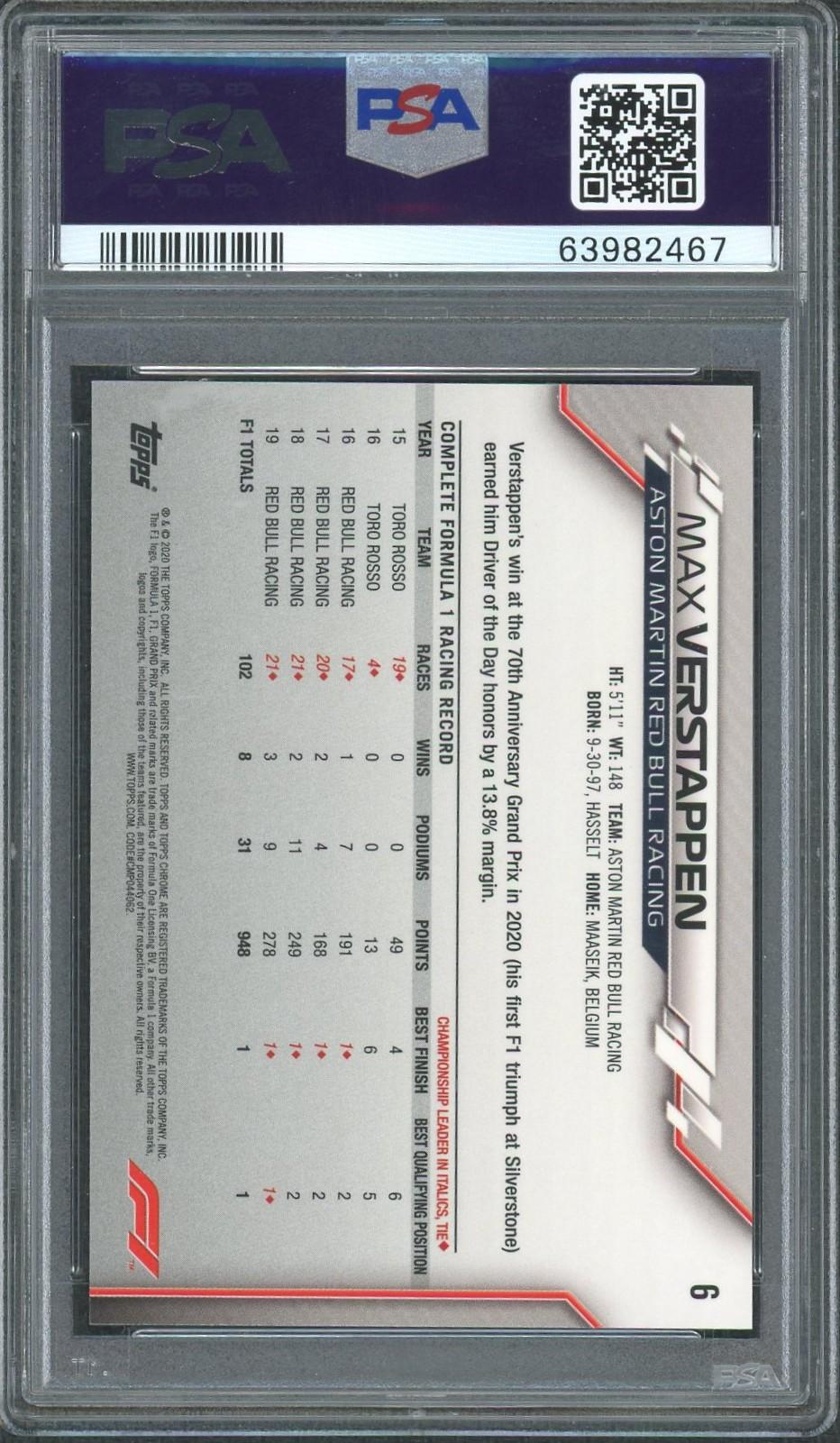 2020 Topps Chrome F1 #6 Max Verstappen Image Variation SP PSA 9