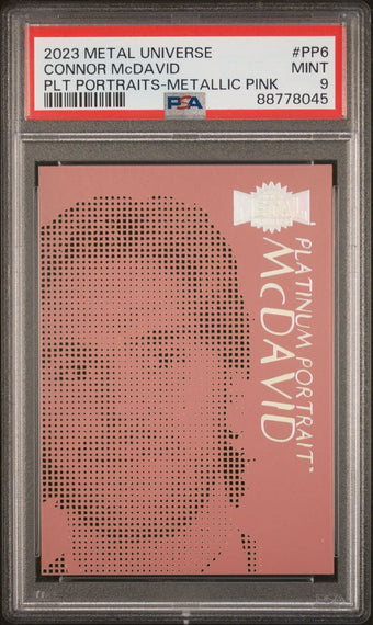 compare product Connor McDavid 2023 Metal Universe Platinum Portraits Metallic Pink PSA 9