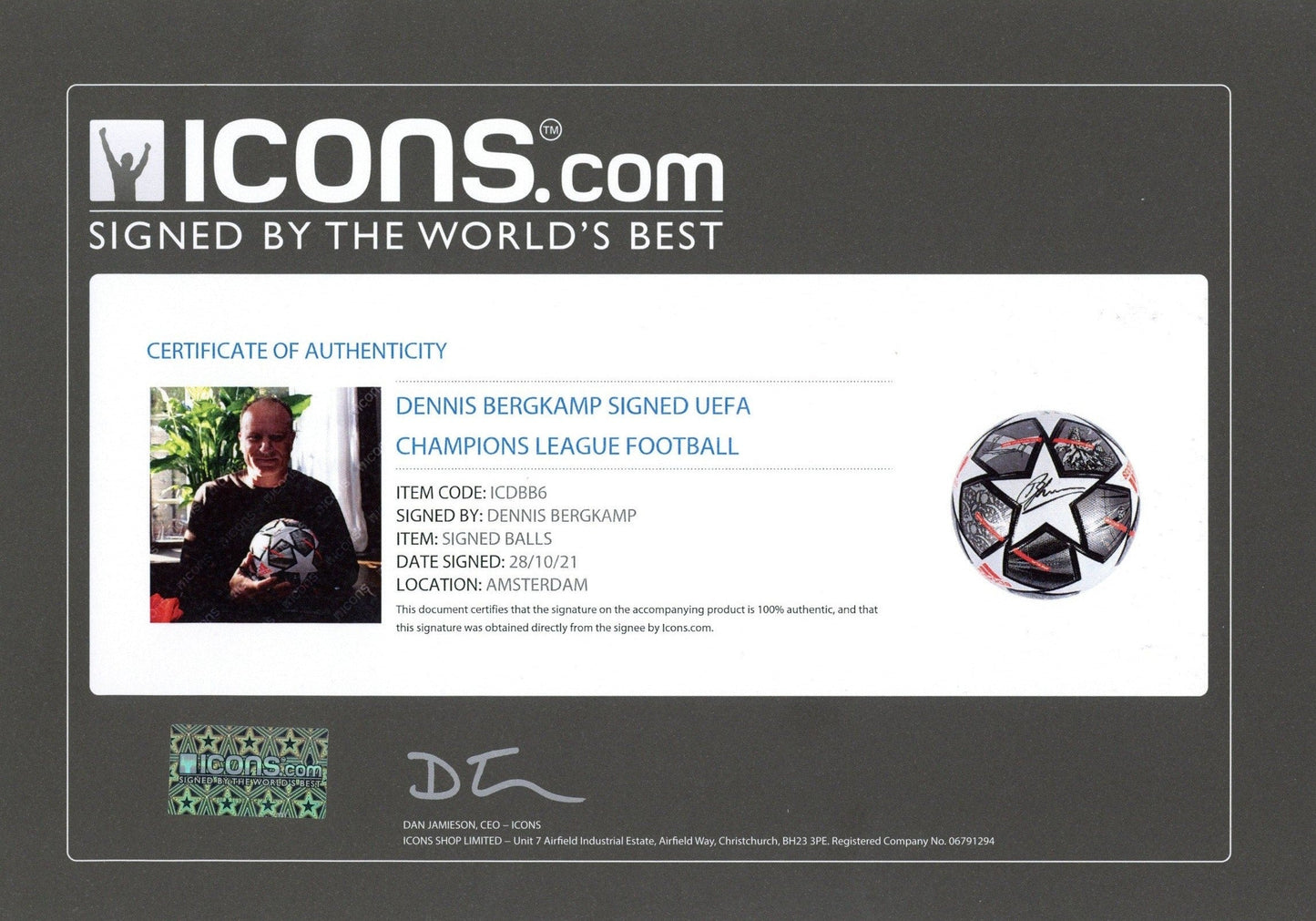 Dennis Bergkamp Autographed Adidas UEFA Champions League Soccer Ball