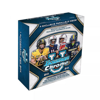 compare product 2024 Bowman Chrome University Football Mega 20 Box Case