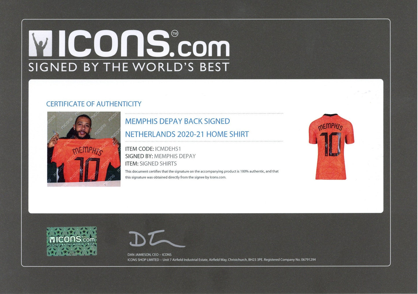 Memphis Depay #10 Autographed Nike Netherlands 2020/21 Home Jersey