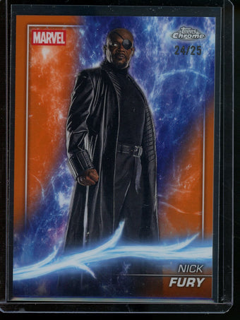 compare product 2025 Topps Chrome Marvel Nick Fury Orange Refractor /25 Iron Man 2