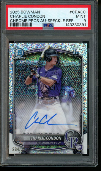compare product 2025 Bowman Chrome Charlie Condon 1st Bowman Speckle Autograph /299 PSA 9 Rockies