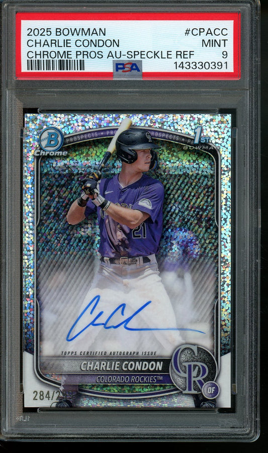 2025 Bowman Chrome Charlie Condon 1st Bowman Speckle Autograph /299 PSA 9 Rockies