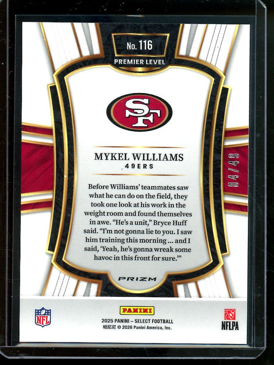 2025 Panini Select Mykel Williams Rookie Green /49 49ers