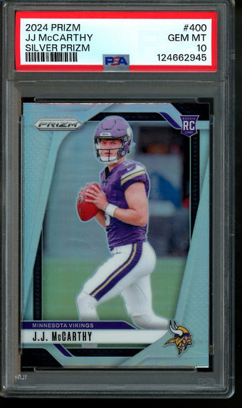 compare product 2024 Panini Prizm JJ McCarthy Silver Prizm Rookie PSA 10 Vikings